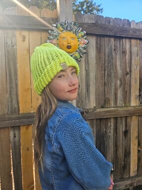 Handmade Neon Yellow Kids Cuffed Beanie Youth Knit Hat